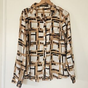 Outback Red Womens Top M Belt Print Preppy Button Up Old Money Novelty Office